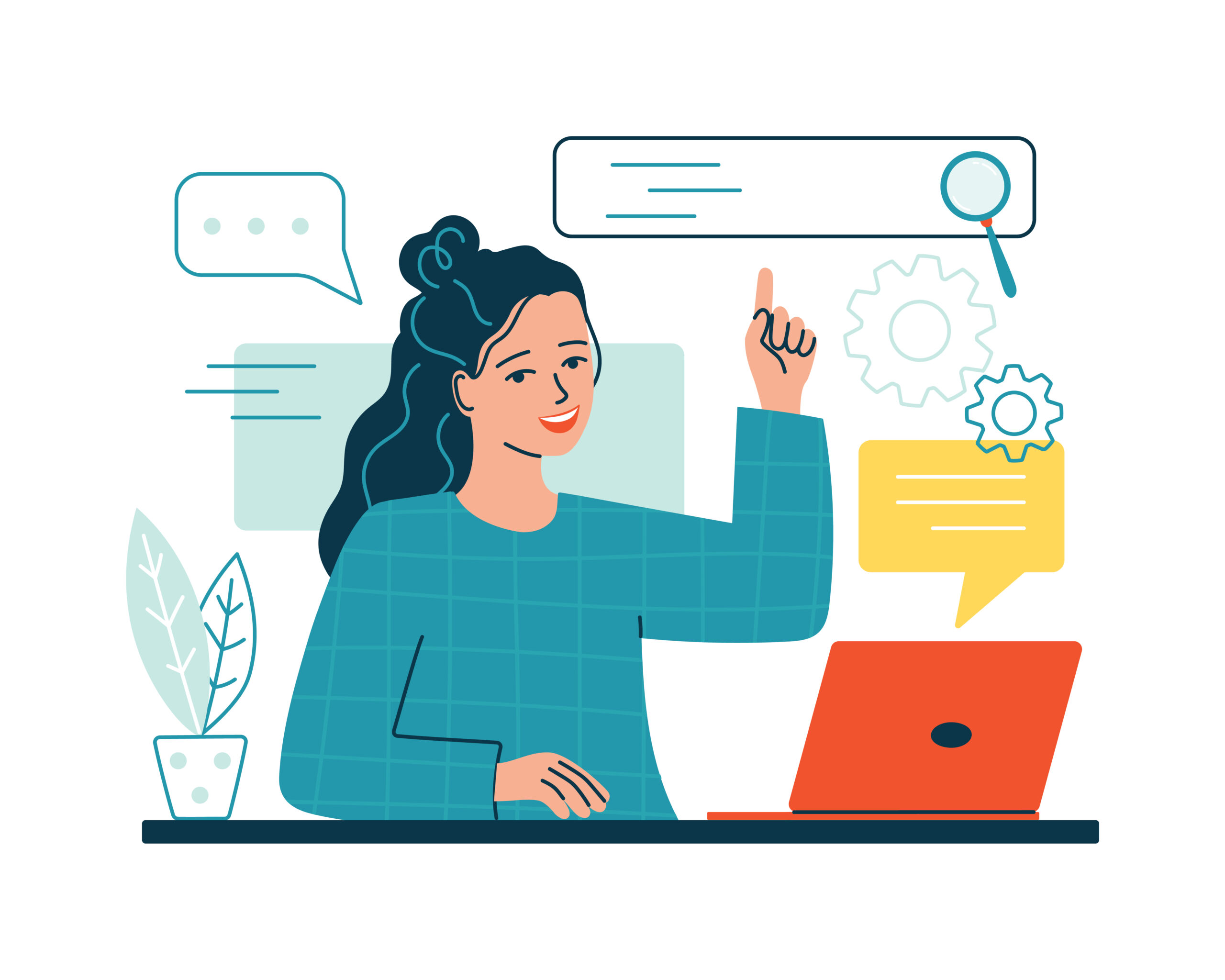 Woman with laptop look for information in database. Concept of quick easy document search, data organization in computer. Optimization of finding websites, files or research. Flat vector illustration