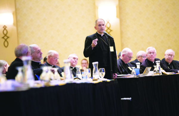 Bishop Thomas J. Paprocki of Springfield, Ill., speaks from the floor during a review of liturgical action items Nov. 11 at the U.S. bishops' meeting in Baltimore. (CNS photo/Nancy Phelan Wiechec) (Nov. 11, 2013) See BISHOPS-ROUNDUP Nov. 11, 2013.