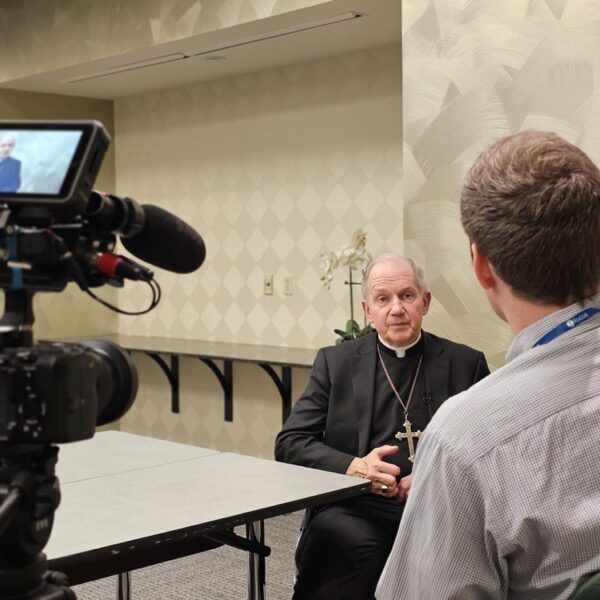 Bishop Thomas John Paprocki is shown interviewing with EWTN during SEEK24 to promote the upcoming National Eucharistic Pilgrimage, an unprecedented multi-route nationwide pilgrimage in which Catholics will pray and publicly follow Jesus in their cities through eucharistic processions. The Diocese of Springfield in Illinois is excited to be included in one of the routes (July 8-12), all of which lead to Indianapolis for the National Eucharistic Congress July 17-21. Read Catholic Times and stay tuned to the diocesan social media channels for more details on the locations and schedules when Jesus moves through Central Illinois. Visit eucharisticrevival.org for learn more and to register for the National Eucharistic Congress.

<br><em>Photo by Debbie Benz</em>