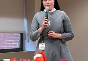 Sister M. Pieta Keller displays some of the 3D models she has created.